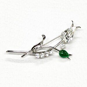 Silver Tone Lily Flower Brooch Pin Clear & Jadite Green Crystals Elegant